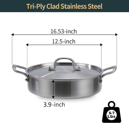 Saute Pan, 7 Quart Tri-Ply Stainless Steel Saute Pan, 12Inch Deep Frying Pan with Lid, Saute Skillet, Rondeau Pot with Lid Compatible with All Cooktops up to 600℉3