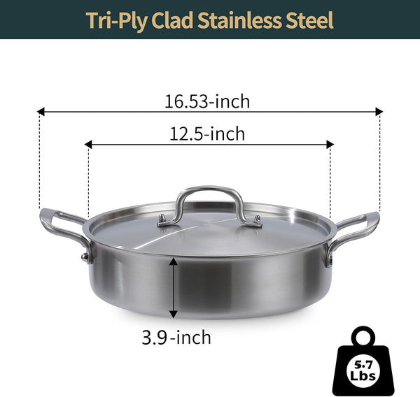 Saute Pan, 7 Quart Tri-Ply Stainless Steel Saute Pan, 12Inch Deep Frying Pan with Lid, Saute Skillet, Rondeau Pot with Lid Compatible with All Cooktops up to 600℉3