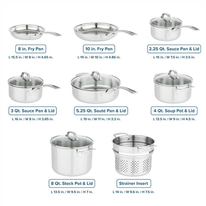 Viking 3-Ply Pots and Pans Set, 13 Piece Stainless Steel Cookware, Glass Lids, Strainer, Silver4