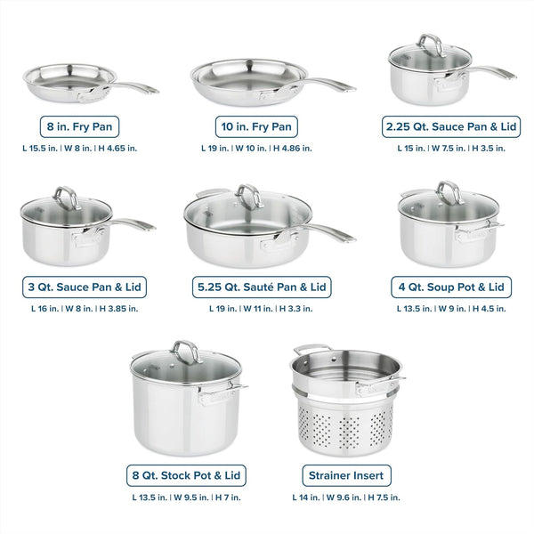 Viking 3-Ply Pots and Pans Set, 13 Piece Stainless Steel Cookware, Glass Lids, Strainer, Silver4