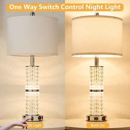 Crystal Table Lamps Bedside for Living Room Bedroom with USB Ports | 3-Way Dimmable Touch Control, Night Light for Nightstand Bedside Lamp, AC Outlets, White Fabric Shade, 27In Morden Lamp3