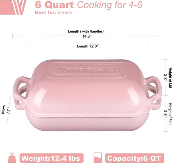 Large Cast Iron Dutch Oven Dome Pot with Lid, Enameled Bread Oven, Bread Pan for Homemade Sourdough Bread Baking, 6QT, Pink2