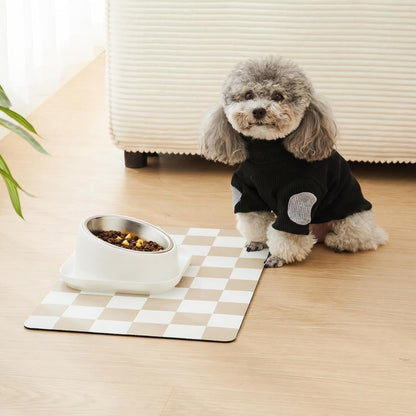 Checkered Dog Feeding Mat, Absorbent Mats for Dog Food and Water Bowl, Dispenser, Retro Aesthetic Khaki Beige Checkerboard Pet Placemat for Dogs, Cats, Puppy Accessories, 12" X 19”2