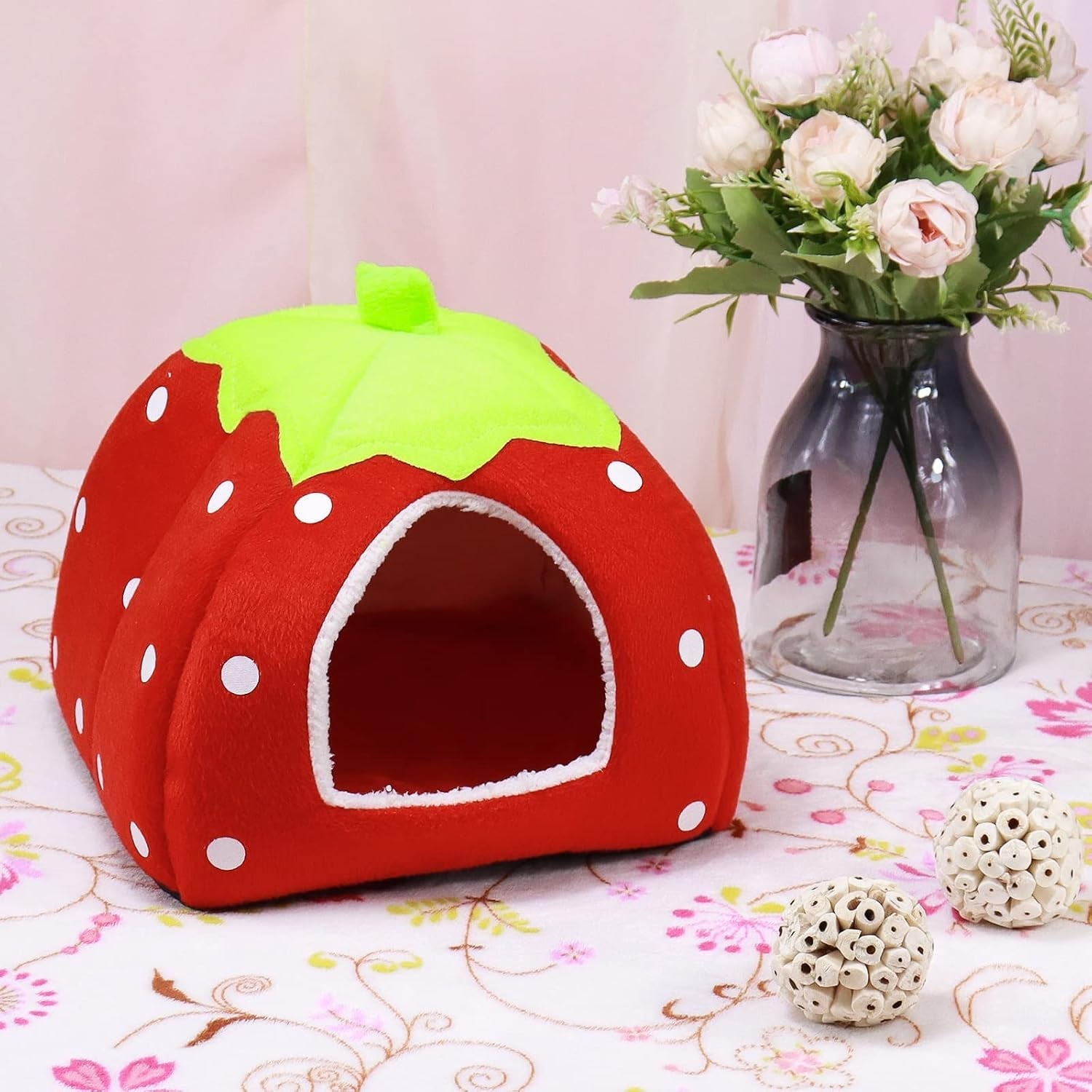 mygeromon-guinea-pig-bed-rabbit-hideout-cuddle-cup-strawberry-style-washable-winter-small-animals-sleeping-house-for-ferret-chinchilla-bunny