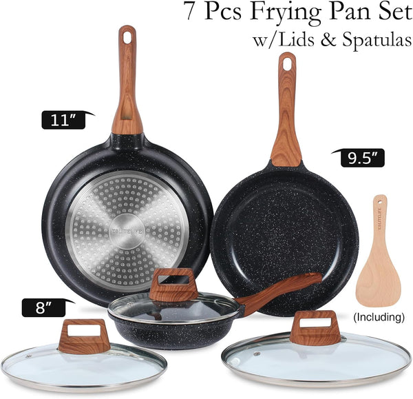 Nonstick Ceramic Frying Pans Skillets Set with Lids, Non-Toxic Egg Omelette Kitchen Cooking Pans Compatible with All Stovetops (Gas, Electric & Induction), PTFE & PFOA Free (Black)2