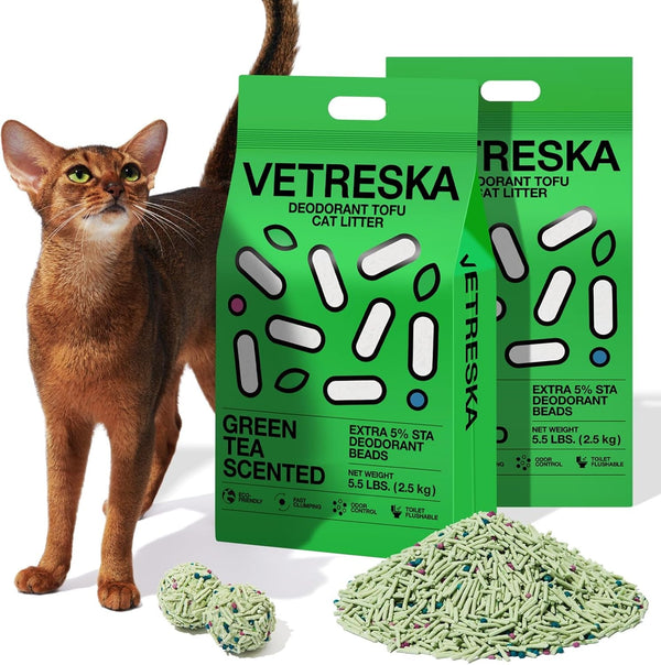 VETRESKA Tofu Cat Litter, Odor Control, Greentea 5.5Lb×2Bags | Natural Kitty Litter Strong Clumping Flushable Cat Litter Pellet Ultra Absorbent,Dust-Free,Low Tracking Deodorant Tofu Litter1