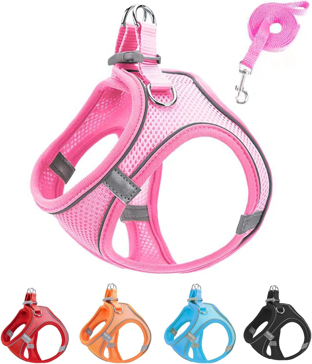 xxxs-pink-soft-mesh-dog-harness-and-leash-set-no-escape-puppy-harnesses-for-training-walking-reflective-adjustable-puppy-vest-for-small-medium-dogs-cats-pink-xxxs