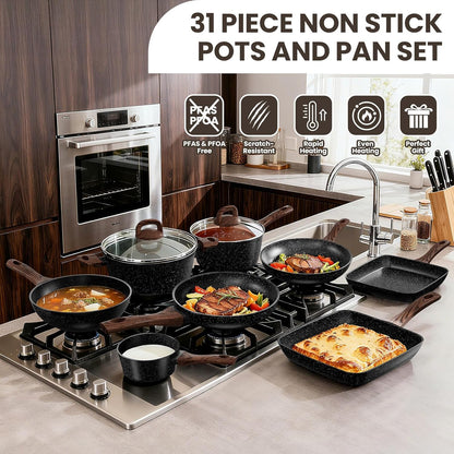 Pots and Pans Set Non Stick, 31 Piece Kitchen Induction Cookware & Bakeware Set, Nonstick Kitchen Cooking Pans Set with Frying Pans Set Grill Pan Saucepan Baking Sheet & Utensils, PFOA Free5