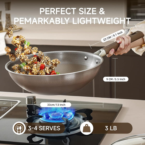 13" Titanium Wok Pan with Lid,Non-Stick Flat Bottom Titanium | PFAS & PFOA Free,Non-Toxic, Fits Induction & Gas Stoves,Traditional Chinese Pan for Stir Fry5