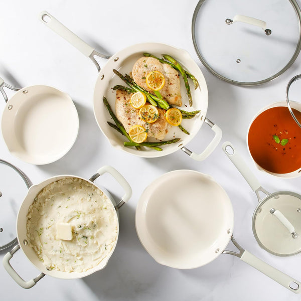 Heathland Premium Nonstick PFA Free Ceramic Interior 10-Piece Tapered Aluminum Cookware Set - Linen White2