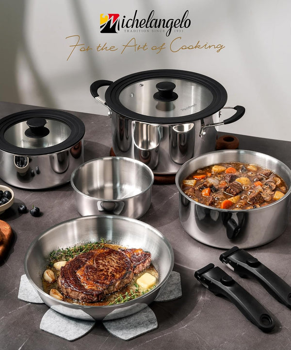 14Pcs Tri-Ply Stainless Steel Cookware Set with Detachable Handles, Stackable Pots and Pans Set for Rvs, Small Kitchens & Apartments, Induction Compatible, Oven Safe, No Coating & No PFAS9