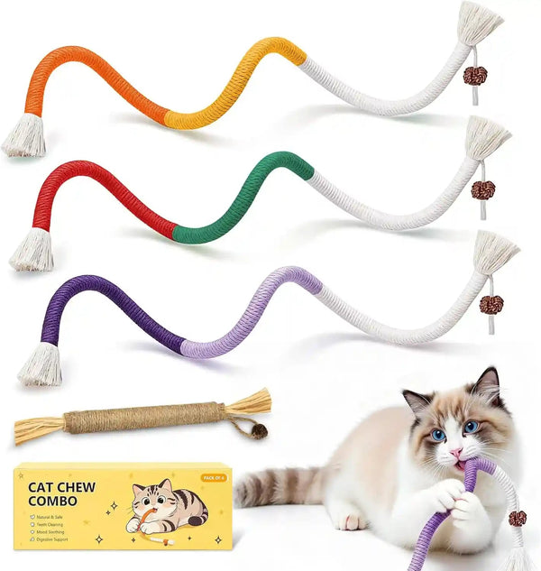 Interactive Cat Toys for Indoor Cats, 3 Chew Ropes 1 Silvervine Stick | with Gall Fruit, Refillable Catnip, Interactive Kitten Toys & Teething Toys, Safe Teeth Cleaning for All Breeds (19.5 Inches)1