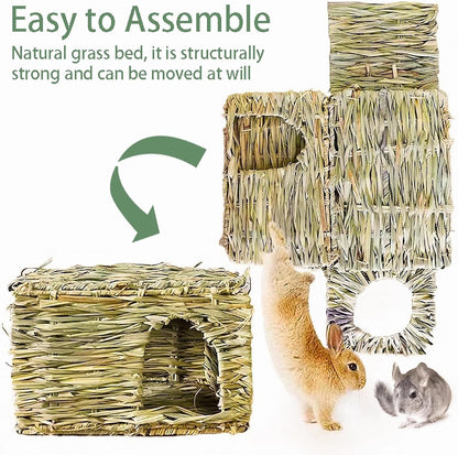 WUWEOT 2 Pack Large Grass Bunny House, Foldable Rabbit Hut, Play Hideaway Bed Hay Mat Chew Toy for Rabbit, Guinea Pigs, Gerbils, Hamster and Small Animals, 11"X8"X8"5