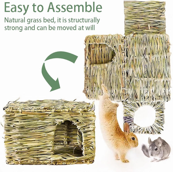 WUWEOT 2 Pack Large Grass Bunny House, Foldable Rabbit Hut, Play Hideaway Bed Hay Mat Chew Toy for Rabbit, Guinea Pigs, Gerbils, Hamster and Small Animals, 11"X8"X8"5