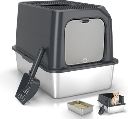 Stainless Steel Cat Litter Box, 11.8" High Sides for Litter Scatter & Urine Spray Control, Easy to Clean Non-Stick Litter Pan, Low Entry for Kittens, Small Cats, Compact Space-Saving Design11