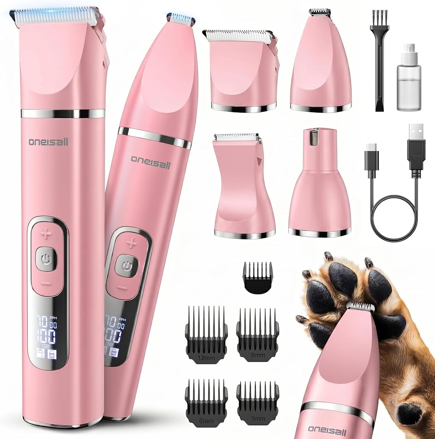 oneisall-4-in-1-dog-grooming-kit-with-lcd-display-paw-hair-trimmer-nail-grinder-rechargeable-cordless-low-noise-ipx7-waterproof-3-speeds-pet-grooming-clippers