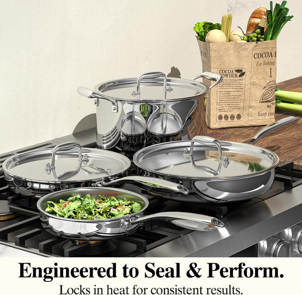 Stainless Steel Frying Pan Set with Lid, 3Pcs Skillet Set (Includes 8",10",12") - 5 Ply Stainless Clad - Heavy Duty & Professional Cookware Set, Fast & Even Heat, Dishwasher and Oven Safe3