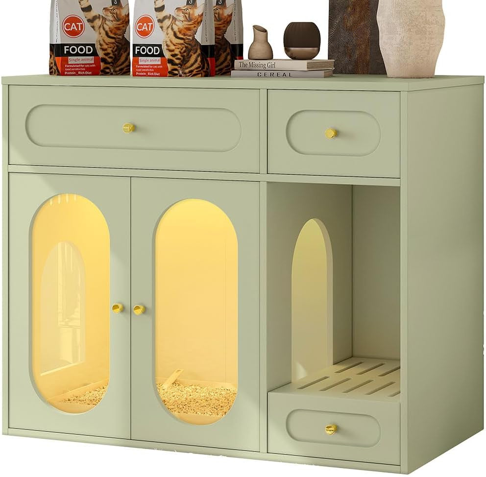 hidden-cat-litter-box-enclosure-furniture-with-led-light-modern-litter-box-cabinet-with-drawers-acrylic-door-multi-entry-cat-house-sideboard-for-living-room-37-4w-x-15-6d-x-31-5h-white