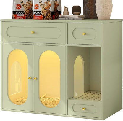 Hidden Cat Litter Box Enclosure Furniture with LED Light, Modern Litter Box Cabinet with Drawers & Acrylic Door, Multi-Entry Cat House Sideboard for Living Room, 37.4"W X 15.6"D X 31.5"H,White8