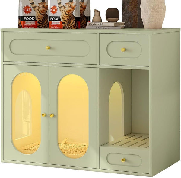 Hidden Cat Litter Box Enclosure Furniture with LED Light, Modern Litter Box Cabinet with Drawers & Acrylic Door, Multi-Entry Cat House Sideboard for Living Room, 37.4"W X 15.6"D X 31.5"H,White8