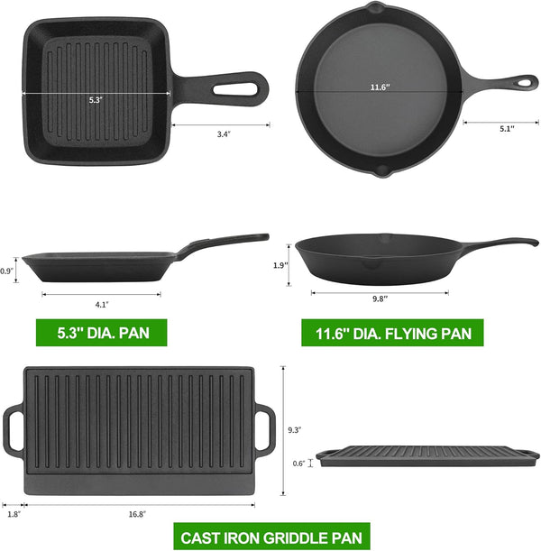 8 Piece Pre-Seasoned Dutch Oven Cooking Set Cast Iron Camping Kitchen Cookware Bakeware Skillets & Square Grill Pan W/Vintage Carrying Wood Box for Ourdoor Home BBQ Baking4