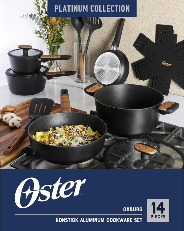 Oster Platinum Oxburg 14 Piece Forged Aluminum PFA Free Non-Toxic Premium Ceramic Non Stick Interior Cookware & Kitchen Tools Set - Black W/Wood Handles2