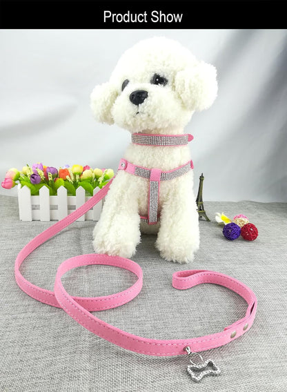 Dog Collar & Harness & Lead Sets Fashion Dog Collar Diamante with Harness & Leashes Comfortable Soft Collar Harness and Leashes Set for Dog - Pink - XS2