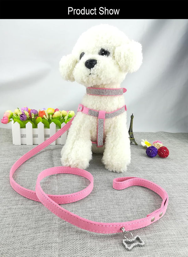 Dog Collar & Harness & Lead Sets Fashion Dog Collar Diamante with Harness & Leashes Comfortable Soft Collar Harness and Leashes Set for Dog - Pink - XS2