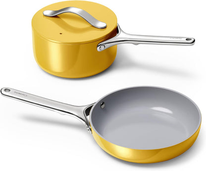 Caraway Non-Stick Ceramic Mini Cookware Set | Ceramic Fry Pan (1.05 Qt, 8") Sauce Pan (1.75 Qt) and Storage Rack, Non Toxic, PTFE & PFOA Free, Marigold1