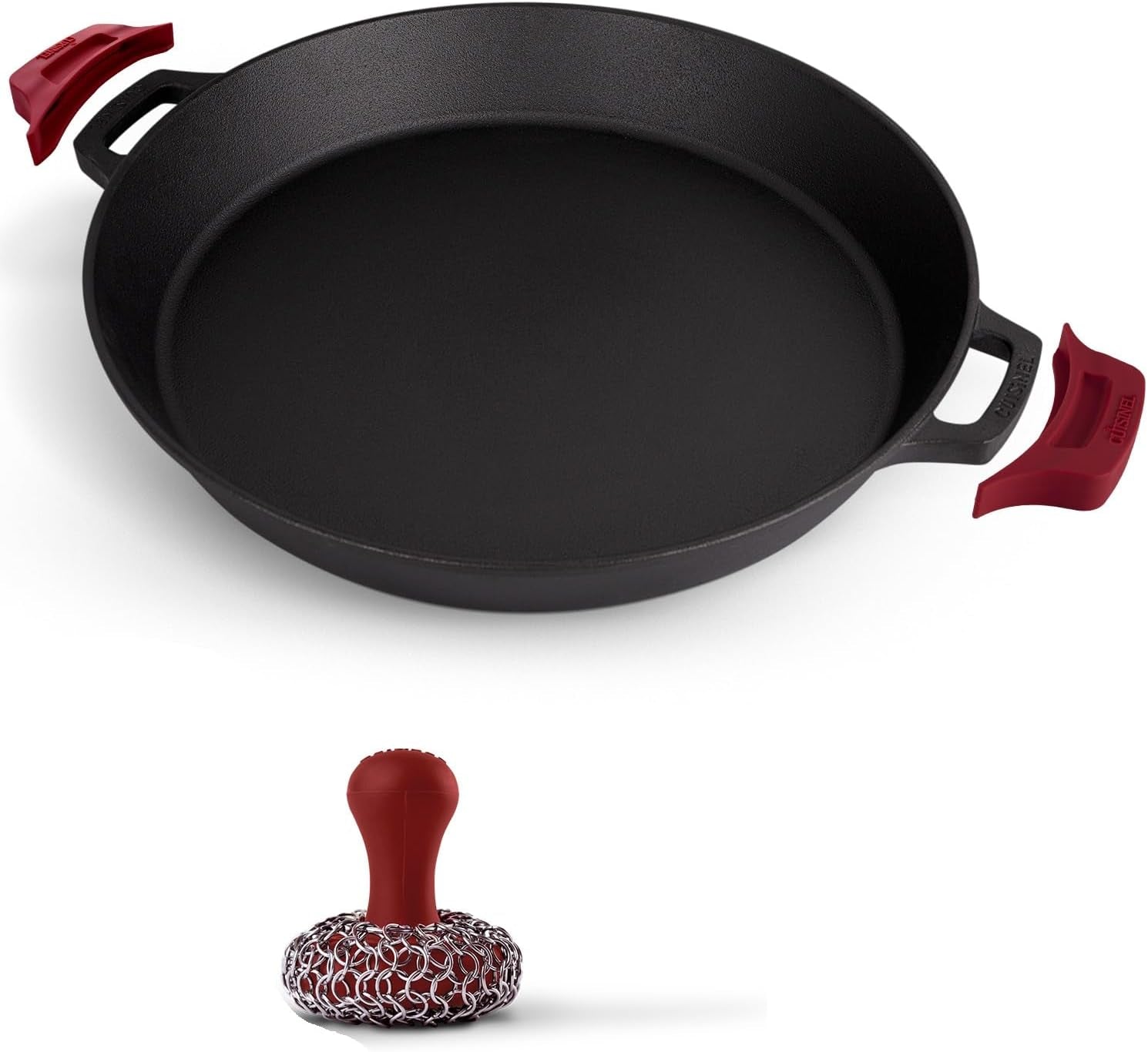 cast-iron-skillet-chainmail-scrubber-cleaner-17-inch-dual-handle-braiser-frying-pan-silicone-handle-covers-pre-seasoned-oven-grill-bbq-stovetop-fire-cookware-indoor-outdoor-use