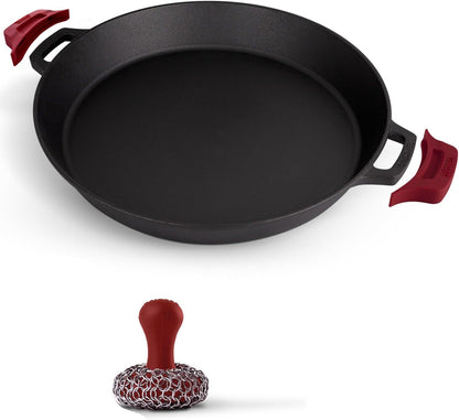 Cast Iron Skillet + Chainmail Scrubber Cleaner - 17"-Inch Dual Handle Braiser Frying Pan + Silicone Handle Covers - Pre-Seasoned Oven, Grill, BBQ, Stovetop, Fire Cookware - Indoor/Outdoor Use1