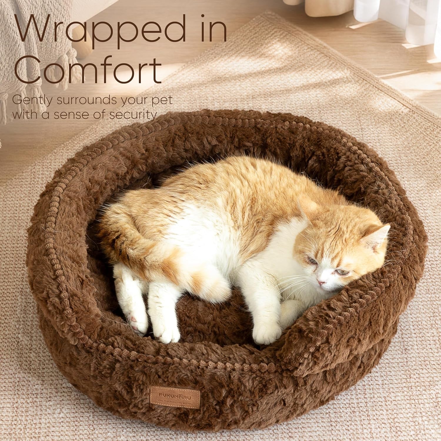 fukumaru-round-cat-bed-plush-washable-calming-dog-bed-with-low-entry-raised-bolster-small-dog-bed-soft-cozy-donut-cat-bed-for-indoor-cats-faux-rabbit-fur-anti-slip-bottom-20-inch-brown