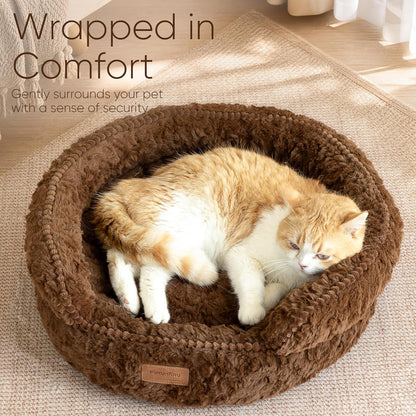 FUKUMARU round Cat Bed, Plush Washable Calming Dog Bed with Low Entry | Raised Bolster Small Dog Bed, Soft Cozy Donut Cat Bed for Indoor Cats, Faux Rabbit Fur & Anti-Slip Bottom, 20 Inch, Brown2