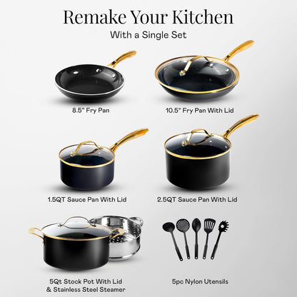 15 Pc Ceramic Cookware Set Nonstick, Ceramic Pots and Pans Set Non Stick with Steamer & Cooking Utensils, Non Toxic PFOA PFOS Free, Premium Stay Cool Handles, Oven & Dishwasher Safe3