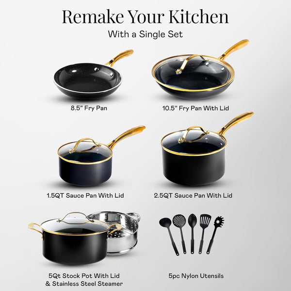 15 Pc Ceramic Cookware Set Nonstick, Ceramic Pots and Pans Set Non Stick with Steamer & Cooking Utensils, Non Toxic PFOA PFOS Free, Premium Stay Cool Handles, Oven & Dishwasher Safe3