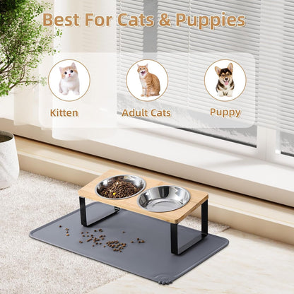 Upgraded Elevated Cat Bowls with Food Mat,15°Tilted Stand anti Vomiting Raised Cat Dishes for Food and Water,2 Stainless Steel Bowls for Cats and Puppy6