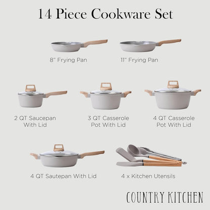Pots and Pans Set Nonstick, Cast Aluminum Kitchen Cookware Set with Utensils, 14 Pcs Non Stick Cooking Set W/Frying Pans & Saucepans, Grey3