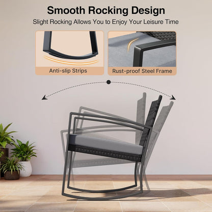 3 Pieces Patio Furniture Set Rocking Bistro Set Outdoor Rattan Conversation with Coffee Table for Garden Balcony Backyard Poolside (Grey Cushion)3