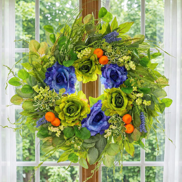 Spring Wreaths for Front Door 24 Inch Artificial Rose Wreath with Rose & Eucalyptus Leaf Orange Berry Accents,Summer Wreath for Home Wall Porch Window Easter Year-Round Indoor/Outdoor Decor4