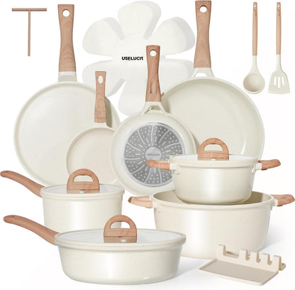 22 Pcs Cream Titanium Nonstick Pots & Pans, Induction & Gas | Ultra-Durable Titanium Nonstick Coating, Warm Cream Aesthetic, Heat-Resistant Wood Handles, Suitable for All Stove Induction1