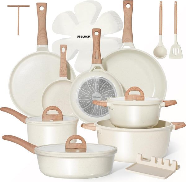 22 Pcs Cream Titanium Nonstick Pots & Pans, Induction & Gas | Ultra-Durable Titanium Nonstick Coating, Warm Cream Aesthetic, Heat-Resistant Wood Handles, Suitable for All Stove Induction1