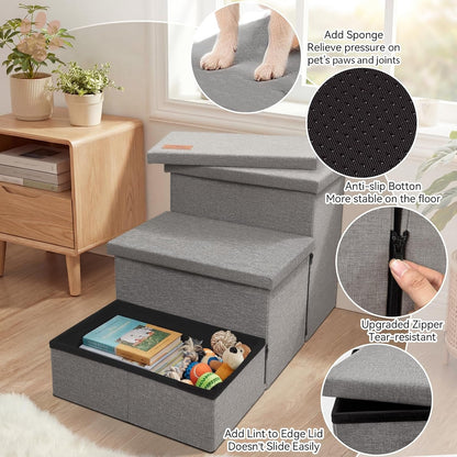 Zerbuger Wider Dog Ramp for High Bed with Storage 18" H, Foldable Dog Stairs for Small Medium Large Older Senior Animal, Sturdy Dog Step for Climbing Bed or Couch, Arthritis-Friendly (Gray, No Condo)3