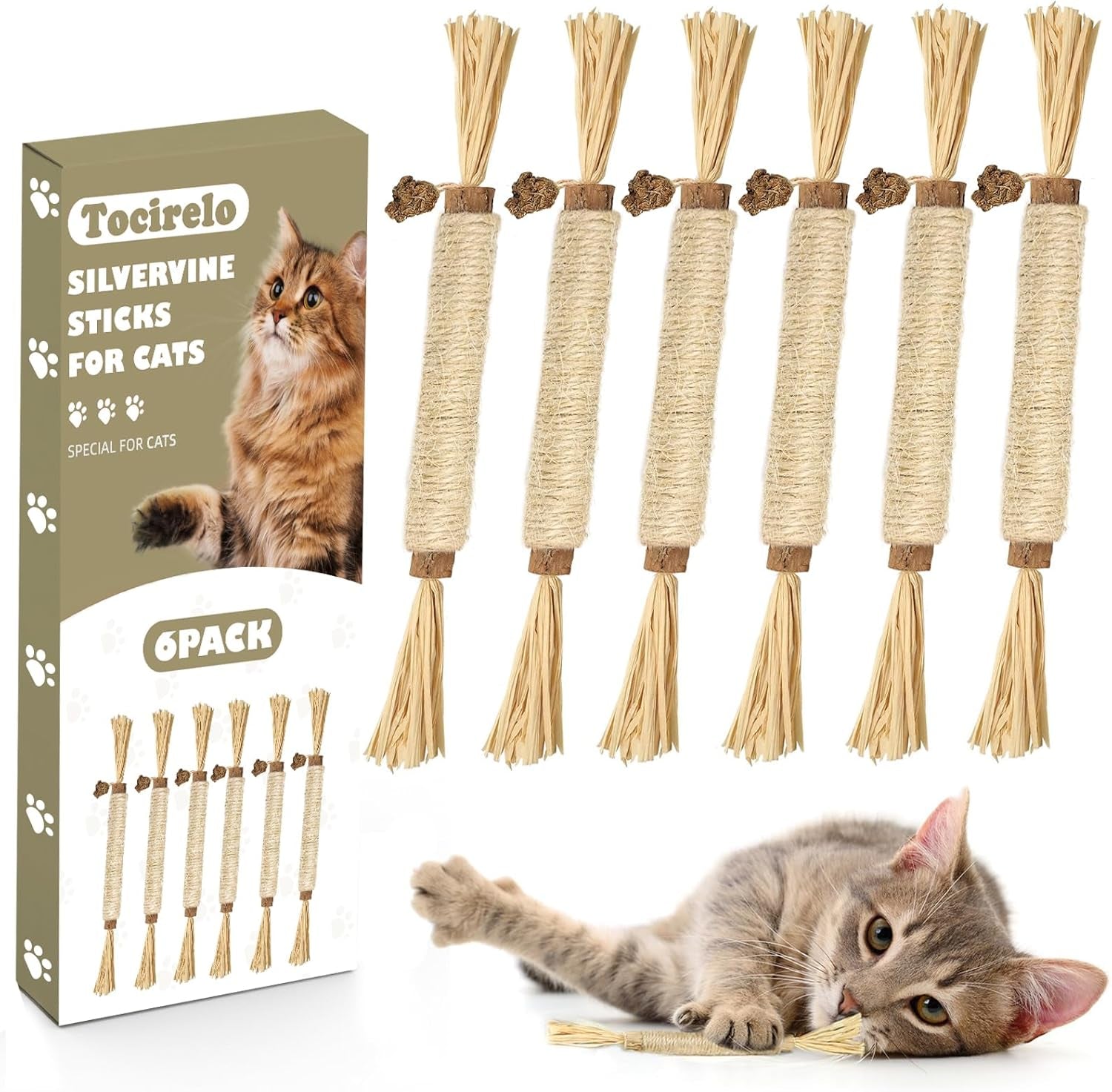 tocirelo-silvervine-sticks-for-cats-natural-cat-chew-toy-teeth-cleaning-6pack-matatabi-sticks-dental-care-kitten-treat-catnip-cat-teething-toys-catmint-silver-vine-sticks-for-bored-indoor-kitty