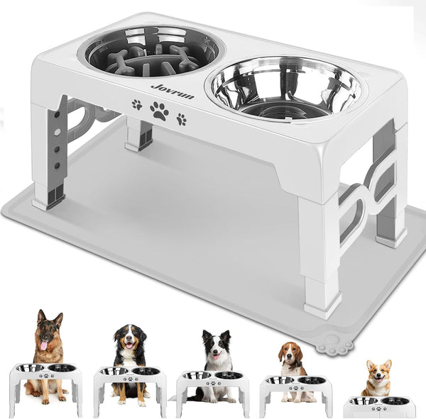 Jovrun Elevated Dog Bowls for Medium Large Size Dogs, Non-Slip Dog Feeder with 1*Stainless Steel Dishes & 1*Slow Feeder Bowl, 5 Heights Adjustable Raised Bowls to 3.15″-8.66″-9.84″-11.02″-12.2″12