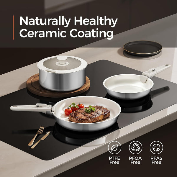 5PCS Pots and Pans Set Non Stick, Diamond-Titanium Ceramic Cookware Set & 3 Layer Stainless Steel with Detachable Handle, Induction Cookware, Non Toxic Oven/Dishwasher Safe, White3