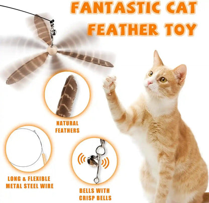 JXFUKAL Cat Wand Toys, Interactive Cat Toys with 3 Feather Refills, 29'' Flexible Steel Wire, Sturdy Wood Handle & Bell for Kitty Kitten, Cat Toys for Indoor Cats Teaser Cat String Toy3