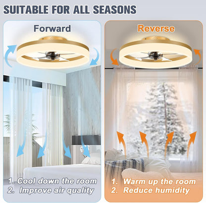 Low Profile Ceiling Fans with Lights and Remote, 19.7In Fandelier Ceiling Fan Flush Mount, 3000K-6500K Smart Bladeless LED Fan Light, Gold Modern Ceiling Fans with Lights for Bedroom6