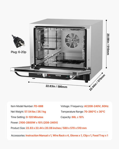 Commercial Countertop Oven, 66L 4-Tier Toaster Ovens with Tempered Glass Door, Wire Racks & Tray, 2800W Stainless Steel Baking Ovens for Restaurant Bakery (Ac208~240V,60Hz, 6-20P Plug & Outlet) | for Restaurant Bakery, 2800W Baking Machine with Tempered Glass Door, Wire Racks, Tray (Ac208~240V,60Hz, 6-20P Plug & Outlet)8
