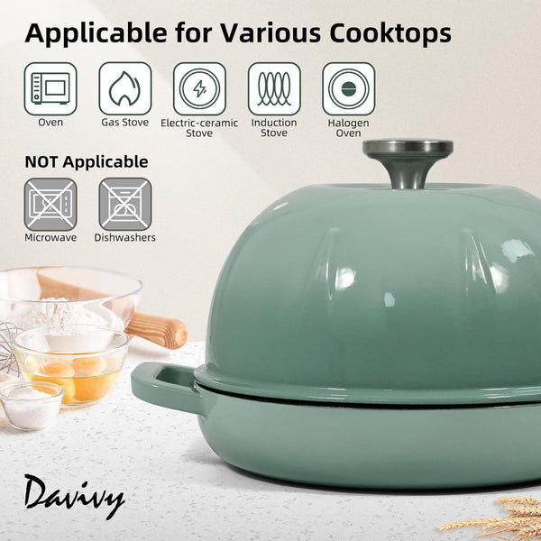 Sourdough Dutch Oven Bread Oven, 5QT Enameled Cast Iron Bread Pan Sourdough Pan, Bread Cloche Dutch Oven with Slicone Oven Mitts - Light Green5