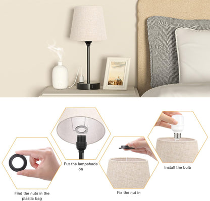 Bedside Table Lamps Set 2 for Bedroom - Dimmable Touch, USB C+A, AC Outlet | 14.5" Mini Lamp, 3-Way Dimmable, LED Bulbs Included, Trapezoid Barrel Fabric Lampshade, Nightstand Light for Guest Room, Kids7